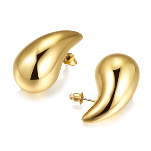Elegant gold teardrop earrings with a polished mirror finish on a clean white background
