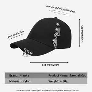 Black punk baseball cap with metal rings and silver chain detail for men and women