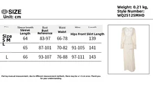 Size chart for lace see-through U-neck dress with sleeve, bust, and length measurements