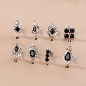 Black Cubic Zirconia Ear Cartilage Stud Stainless Steel Copper Piercing Jewelry Screw Back Fashion Retro Punk Style