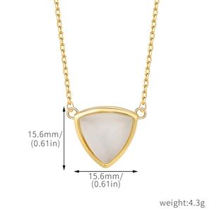Macro detail of gold-plated triangle opal pendant necklace with 15.6mm size specs
