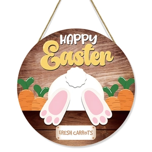 Easter round wooden door sign with white bunny, carrots, and burlap rope for home decor