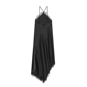 Detail of black satin slip dress showing delicate lace trim on the hem and neckline