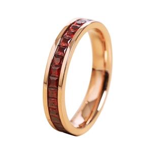 Rose gold minimalist ring for women featuring full row of sparkling red square zircons