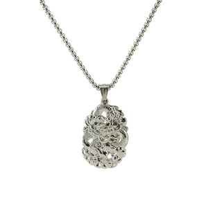 Polished stainless steel oval dragon pendant necklace with detailed relief carving