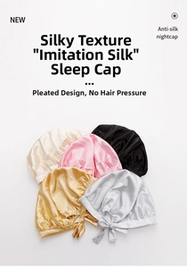 Detail showing the pleated texture and silky satin material of sleep caps in multiple colors