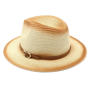British style gradient straw fedora hat with brown leather band and gold metal buckle