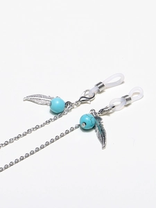 Silver stainless steel eyewear chain with turquoise beads and feather leaf pendants