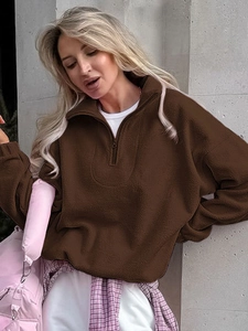 Women's minimalist quarter-zip fleece sweatshirt in deep brown with a relaxed fit