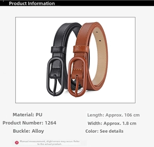 Detail specifications of PU leather belt showing alloy buckle and size 106cm x 1.8cm