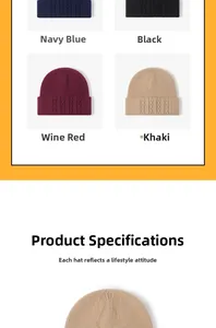 Detailed view of knitted winter beanies in navy blue, black, wine red, and khaki colors