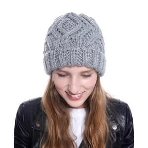 Women's grey chunky knit beanie with diamond pattern for autumn and winter fashion