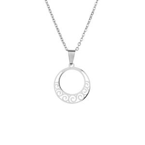 Minimalist silver stainless steel necklace with circular cutout wave pattern pendant