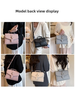 Detail view of stylish square handbags in four colors with adjustable shoulder straps