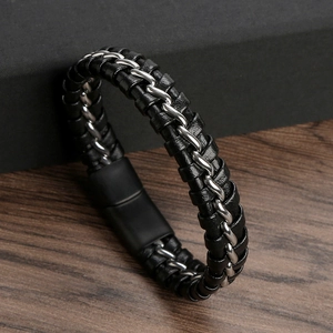 Men Woven Leather Bracelet With Stainless Steel Chain And Magnetic Clasp Vintage Industrial Style Jewelry Accessory
