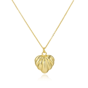 Detailed view of a 18k gold plated shell pendant with fine chain on white background