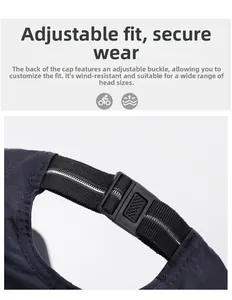 Detail of navy sports cap with elastic band and adjustable plastic buckle for secure fit