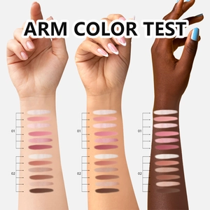 Arm-swatches van het 6-kleuren highlighter blush palette op drie huidskleuren