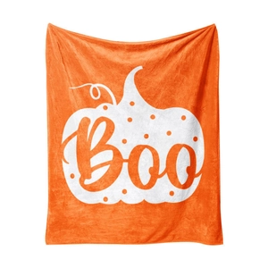 Coperta di Halloween in flanella arancione con sagoma di zucca e scritta Boo bianca