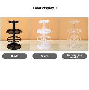 Three-tier rotating earring display stand in black, white, and transparent plastic finish
