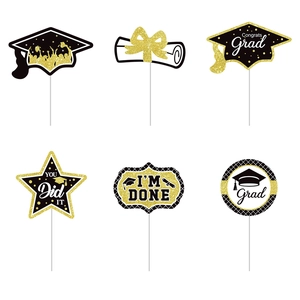 6-piece black and gold glitter graduation cake toppers with Congrats Grad and Diploma designs