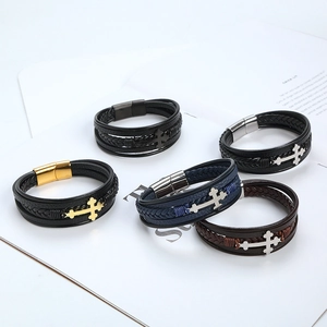 Handmade multi-layer braided leather cross bracelets with magnetic steel clasp in five colors
