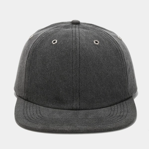 Charcoal grey flat brim baseball cap in cotton twill with six-panel design and metal eyelets