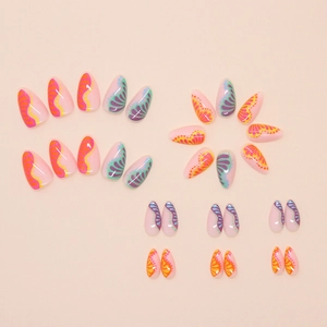 Artistic wave almond press-on nails set with colorful patterns on soft pink base