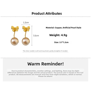 Detail view of bow knot pearl earrings with dimensions 3.1cm by 1.2cm and weight 4.9g