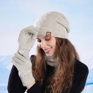 Ensemble d'hiver 3 pièces avec bonnet, gants et cache-col en gris sur fond de neige