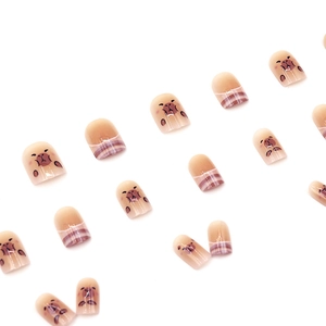 Cute Capybara cartoon press-on nails with pink checkered patterns and gradient finish