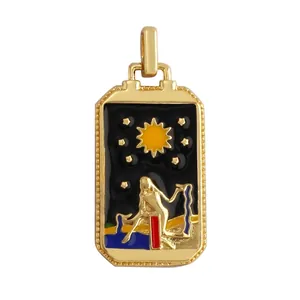 Macro view of Tarot card rectangle pendant with gold plating and sun pattern
