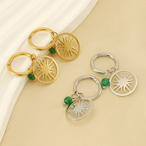 Minimalist hollow sun earrings with green gemstone beads in gold and silver finish