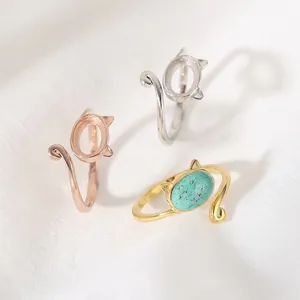 Base Per Anello Aperto Regolabile Orecchie Di Gatto Argento Sterling 925 Placcato Oro 18K Accessorio Gioielli DIY Per Donne