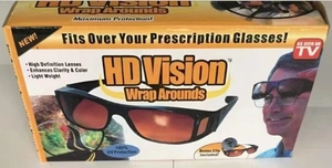 Detailed HD Vision Wrap Arounds packaging showing orange high definition UV lenses