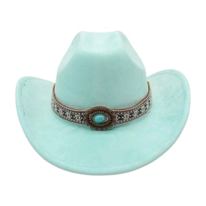 Mint green western cowboy hat with turquoise stone and ethnic pattern decorative band