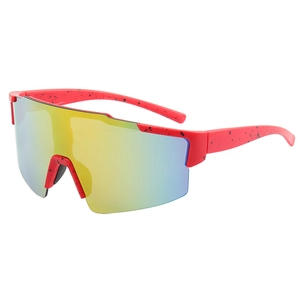 Red splattered sports cycling sunglasses with rainbow reflective wraparound lenses