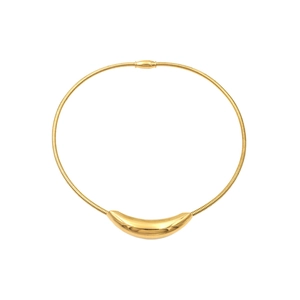 Detailed close-up of a gold snake chain necklace with a sleek crescent pendant and plug clasp