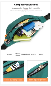 Detailed view of green Oxford waist bag showing multi-pocket storage and large capacity
