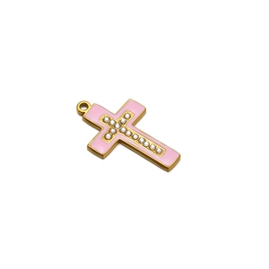 Detail of pink enamel cross pendant with golden finish and white crystal center