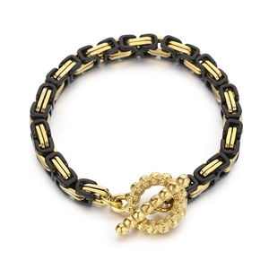 Byzantine chain bracelet with skull OT clasp in gold and black stainless steel finish