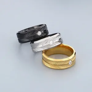 Stainless Steel Ring With Feather Texture And Round Zircon Inlay Fashion Punk Jewelry For Men And Unisex