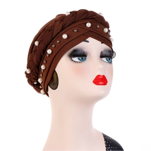 Brown twist knot turban cap for women with white pearls and silver beads decoration