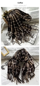 Close-up of coffee plaid cashmere-feel scarf with classic check pattern and fringe detail
