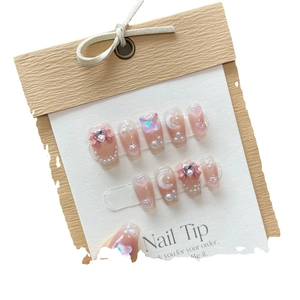 Handmade 10pcs pink butterfly press-on nail set with 3D bows and sparkling rhinestones