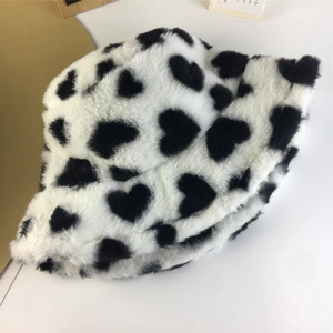 Plush heart pattern bucket hat for women in black and white winter faux fur material