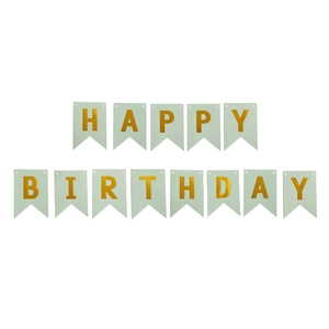 Detail of mint green birthday banner with gold foil Happy Birthday letters and swallowtail flags