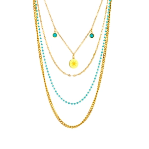 Collier doré multicouches avec pendentif étoile, perles turquoise et grosse maille