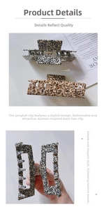 Detail of large acetate hair claws in leopard print and dark tortoiseshell patterns