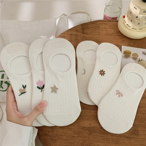 Set of 6 pairs white cotton invisible socks for women with cute animal and fruit embroidery